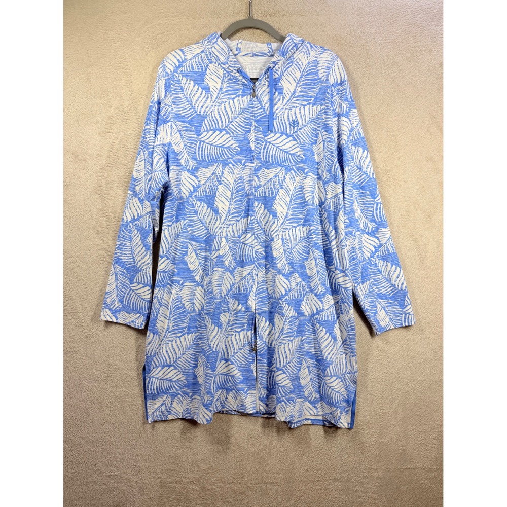 Coolibar Cabana Hoodie Women XXL Blue Tropical UPF 50+ Sun Tunic Cover Up 01307